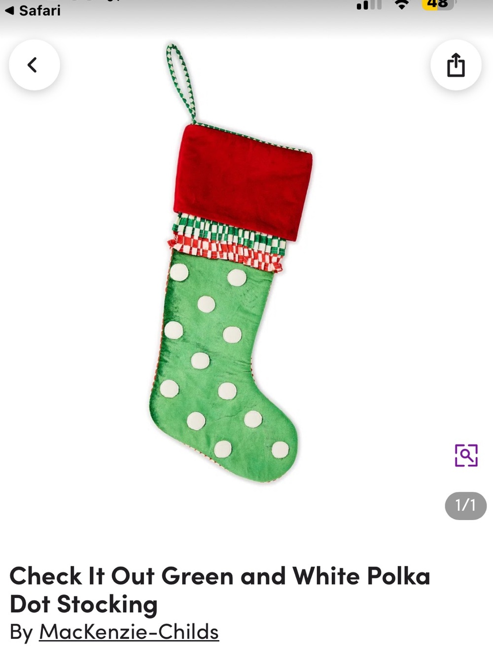 ❤️💚🤍 BRAND NEW Mackenzie Childs CHECK IT OUT GREEN & WHITE POLKA DOT STOCKING ❤️